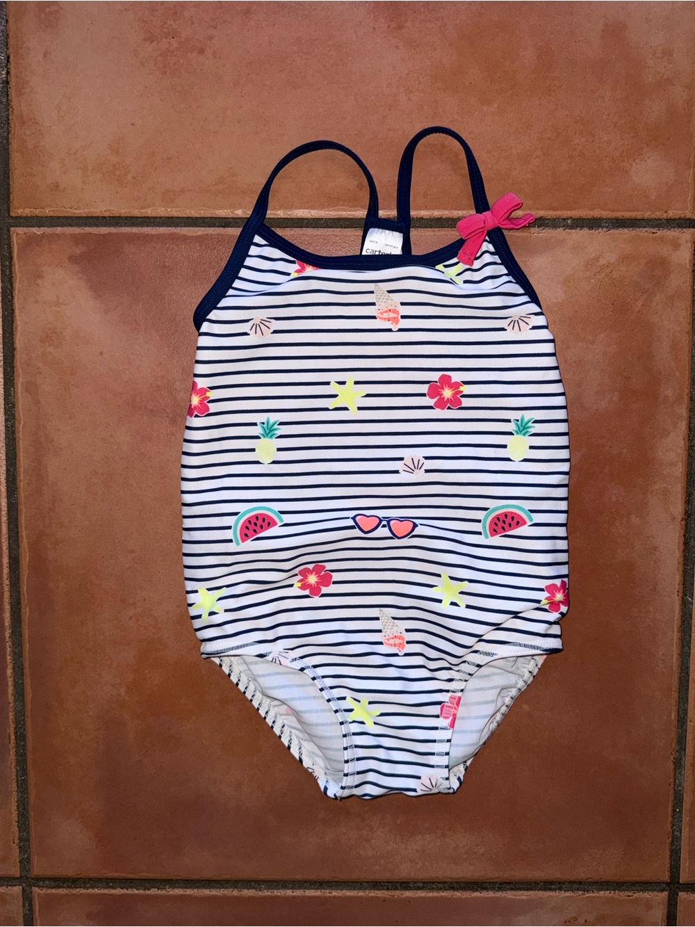 Kids Striped Tropical One-Piece Swimsuit - Navy & White